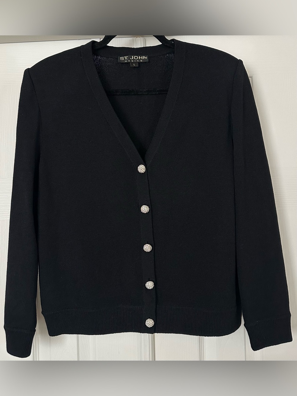 St. John Basics Black Knit V-Neck Cardigan Rhinestone Buttons size large